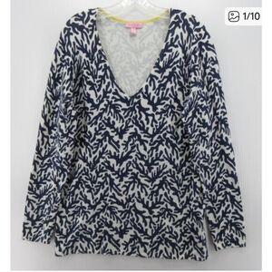Lilly Pulitzer Navy White Coral Print V Neck Pullover Lightweight Sweater Top XL